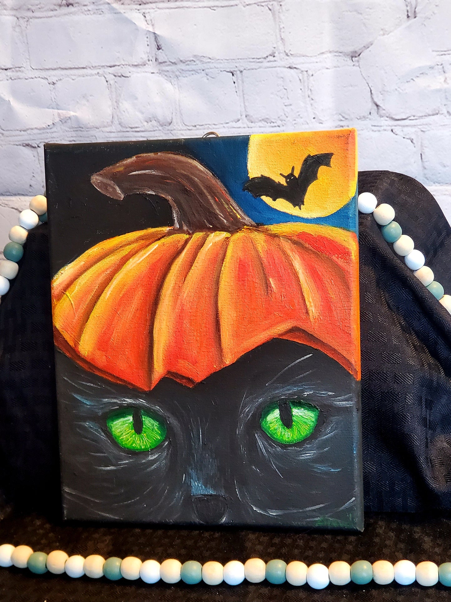 Spooky black cat oil painting