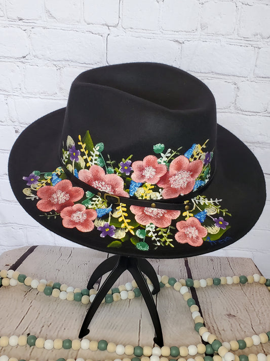 Black floral painted fedora