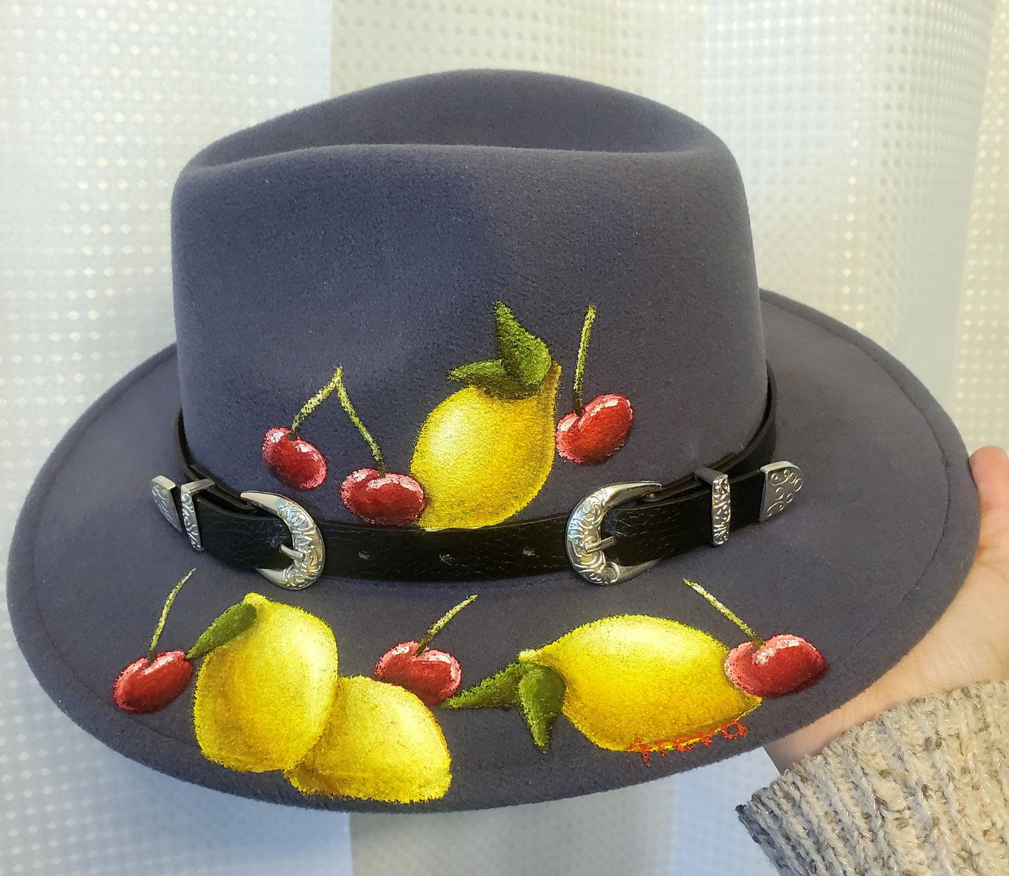 Blue/grey lemon and cherry fedora