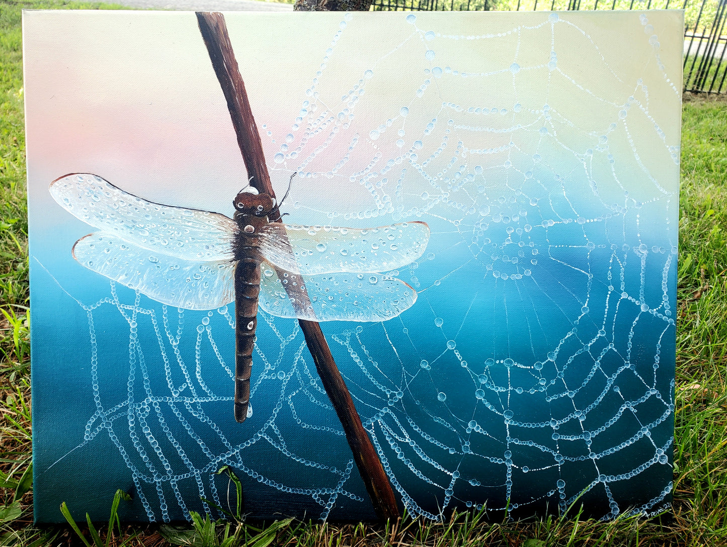 Dragonfly and spiderweb oil painting