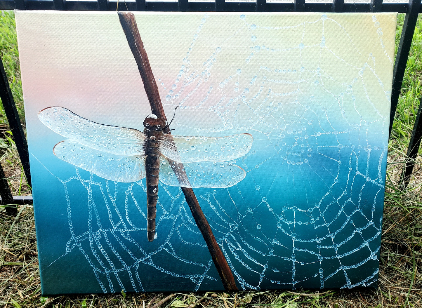 Dragonfly and spiderweb oil painting