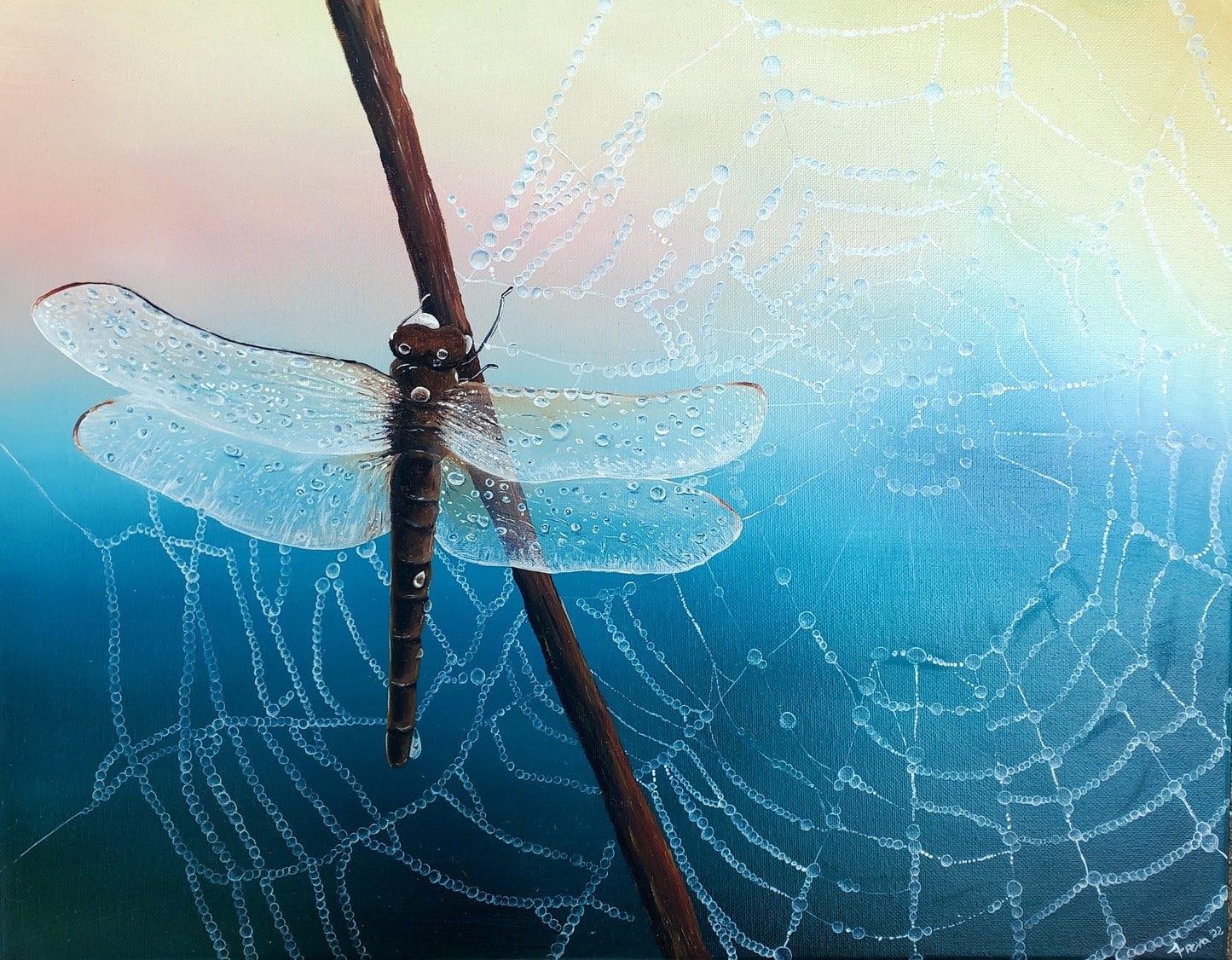 Dragonfly and spiderweb oil painting