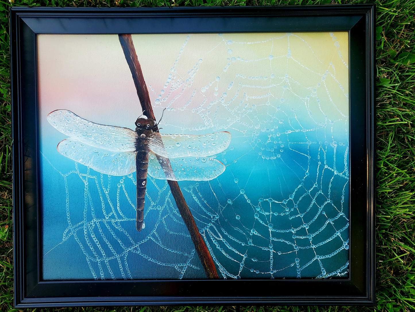 Dragonfly and spiderweb oil painting