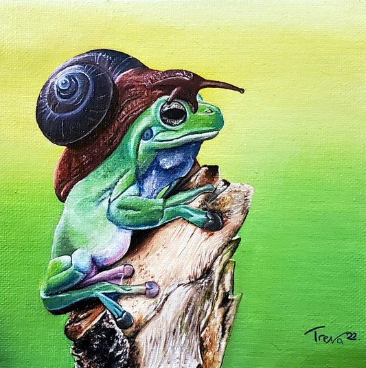 Frog and snail framed oil painting