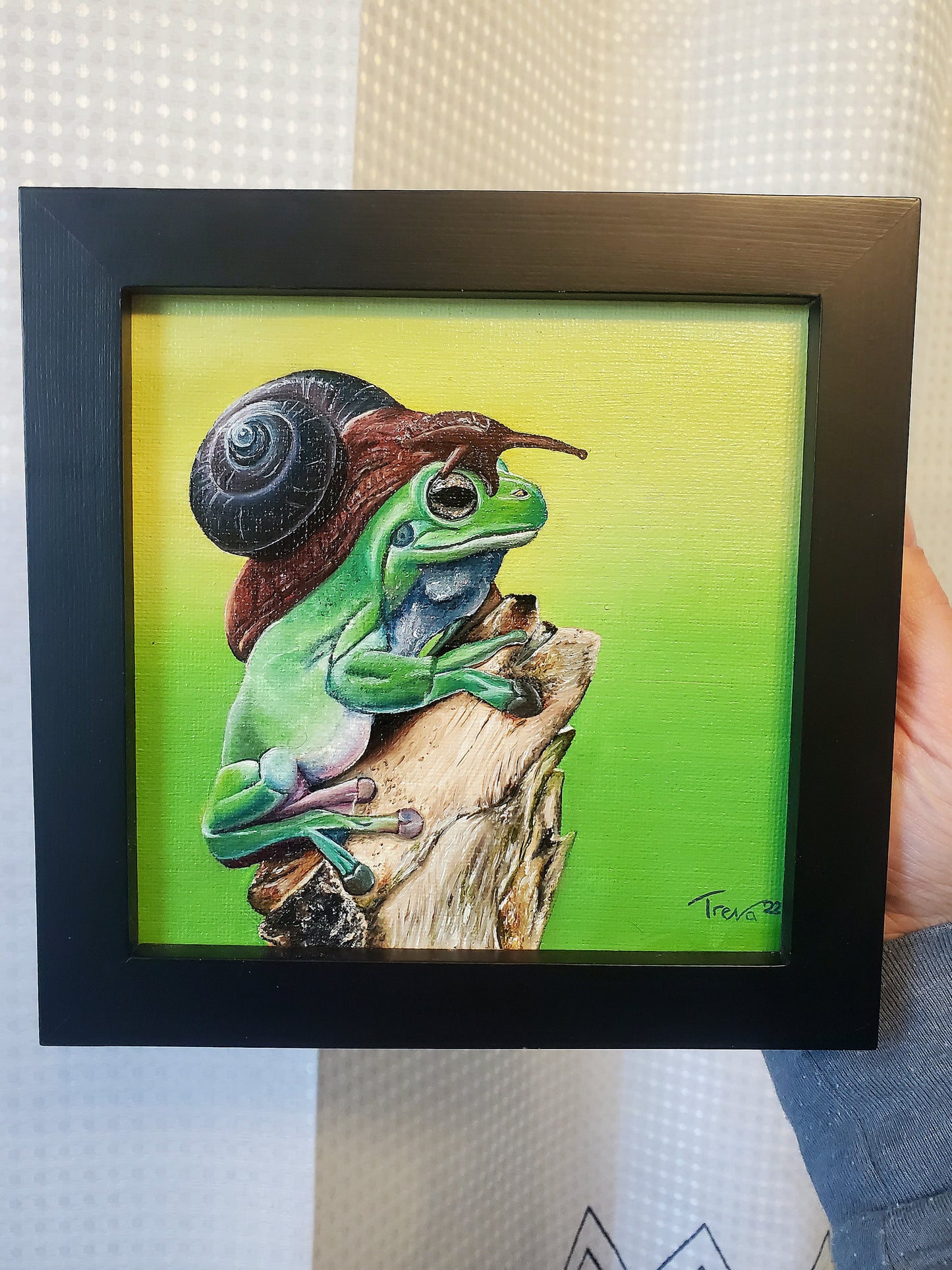 Frog and snail framed oil painting