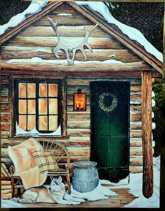 Snowy log cabin